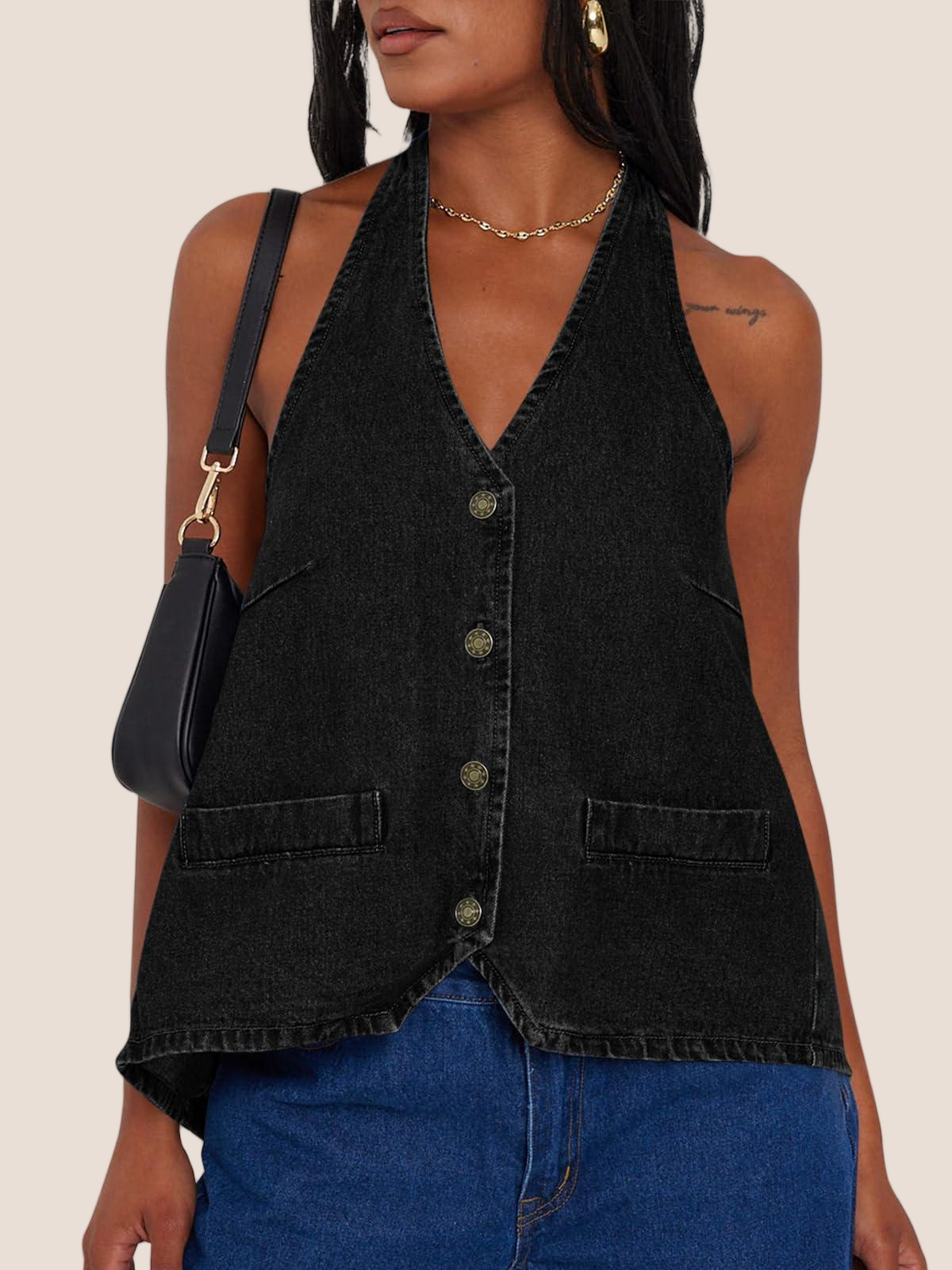 Imily Bela Womens Halter Denim Vest Tops Summer Open Back Y2K Going Out Tank Tops V Neck Button Down Jean Shirts