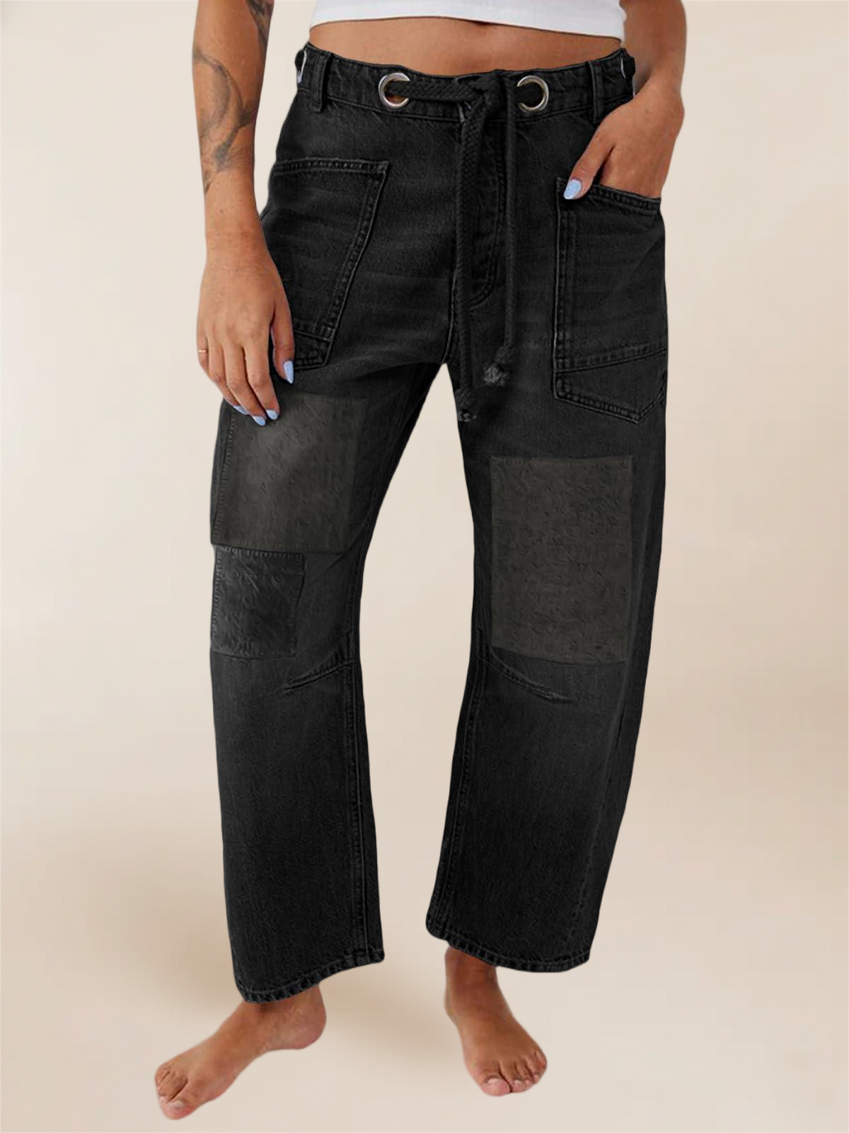 Imily Bela Womens Baggy Barrel Horseshoe Jeans Wide Leg Patchwork Low Rise Denim Pants with Pockets