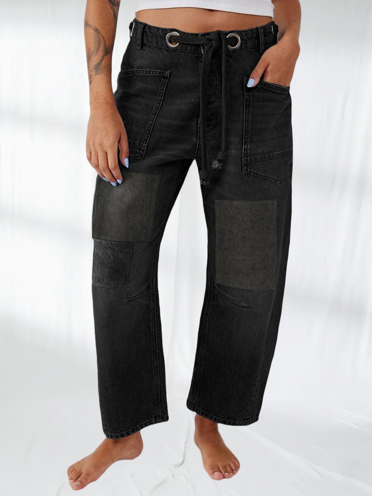 Imily Bela Womens Baggy Barrel Horseshoe Jeans Wide Leg Patchwork Low Rise Denim Pants with Pockets