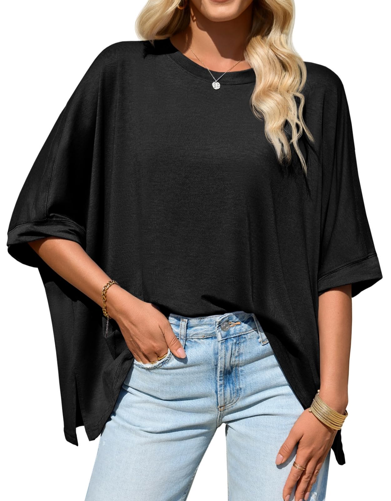 Imily Bela Womens Oversized Tshirts Batwing Short Sleeve Asymmetric Hem Tops Summer Casual Loose Fit Tunic Tee Shirts