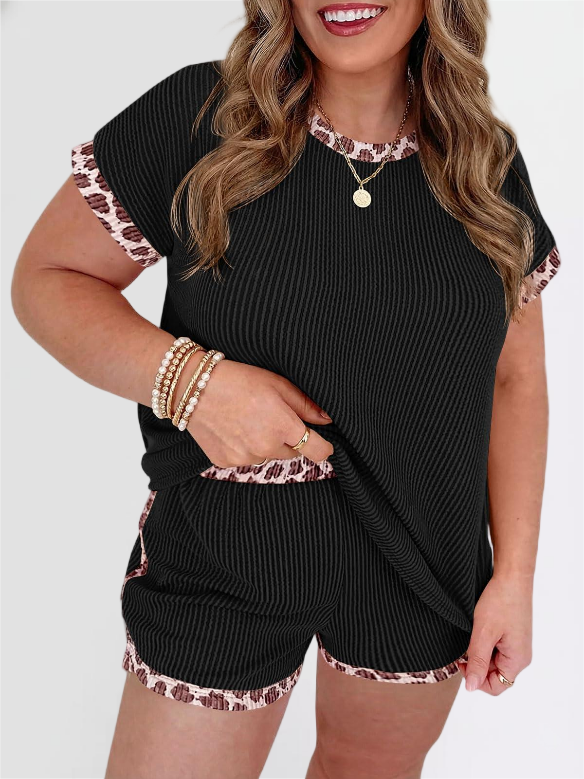 Imily Bela Womens Plus Size 2 Piece Short Sets Leopard Print Ribbed Knit Short Sleeve Top 2026 Summer Casual Lounge Set