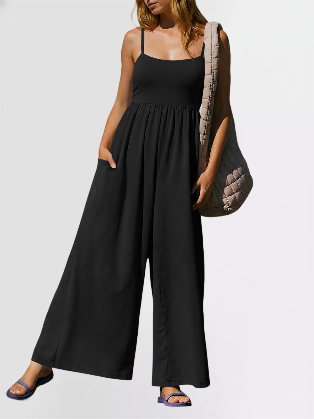 Imily Bela Womens Summer Jumpsuits One Piece Casual Loose Overalls Spaghetti Strap Wide Leg Rompers With Pockets Workout Outfits