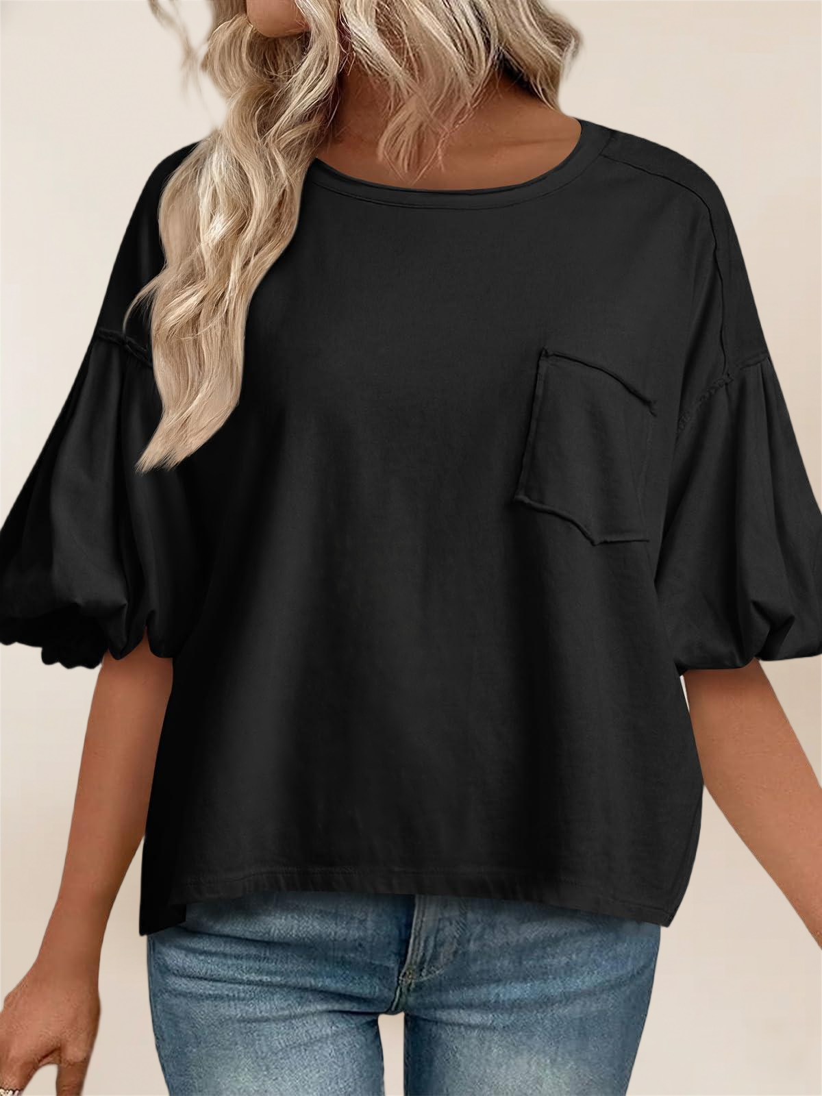 Imily Bela Womens Puff Sleeve Tops Crew Neck Drop Shoulder Pocket T-Shirt Summer Casual Tees Loose Fit Blouse
