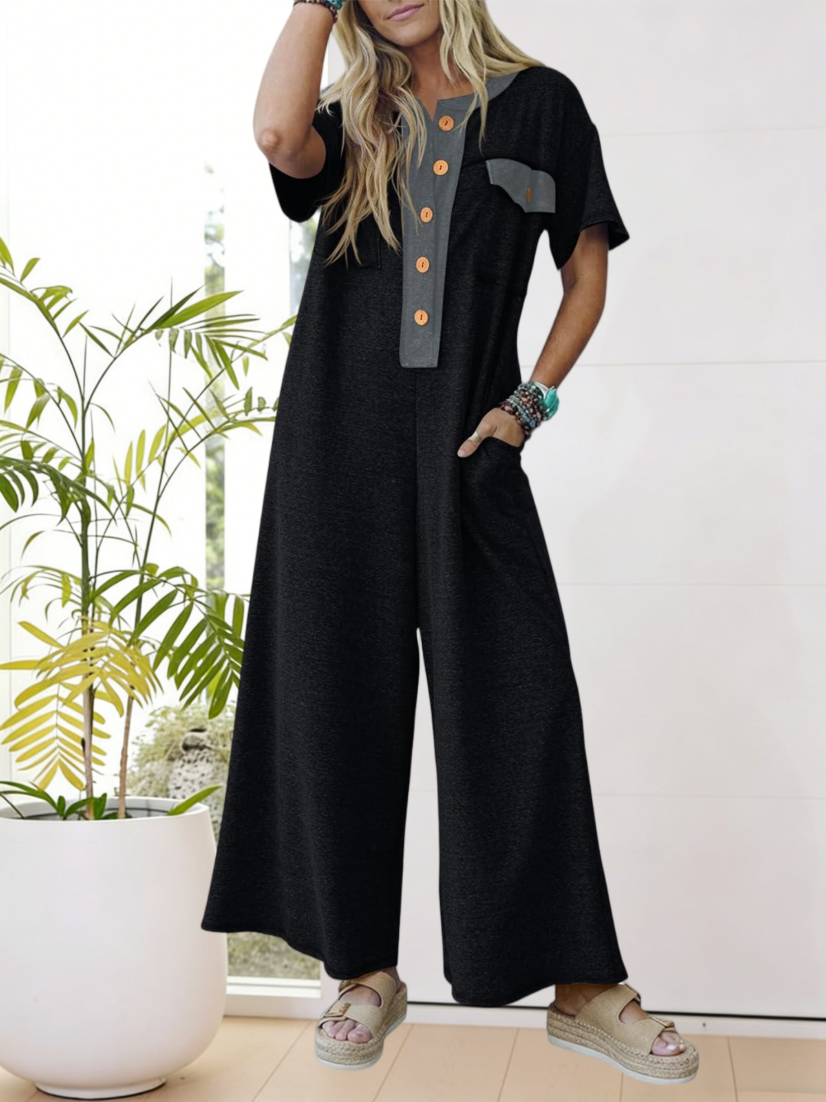 Imily Bela Womens Casual Loose Jumpsuits Short Sleeve V-Neck Button Down One Piece Outfits Wide Leg Summer Long Pant Rompers