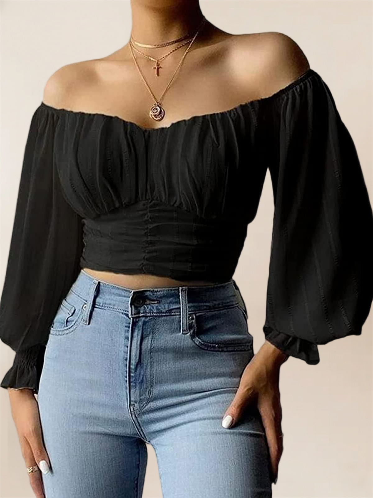 Imily Bela Womens Elegant Off The Shoulder Puff Sleeve Blouse Summer Chiffon Slim Fit Party Crop Top