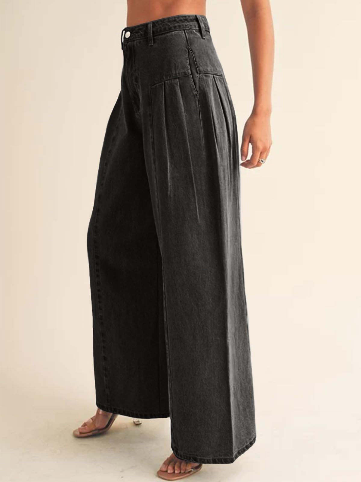 Imily Bela Womens Baggy High Waisted Jeans Loose Boyfriend Wide Leg Side Pleated Denim Pants