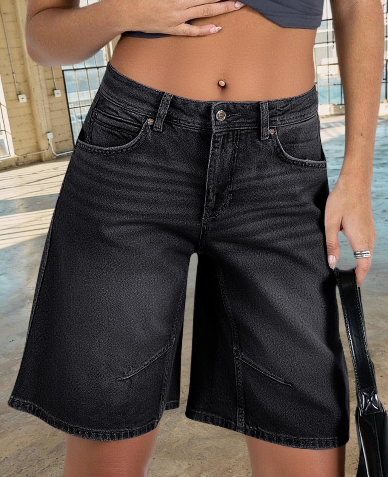 Imily Bela Womens Summer Wide Leg Denim Shorts Casual Loose Mid Rise Jorts Bermuda Knee Length Jeans Shorts