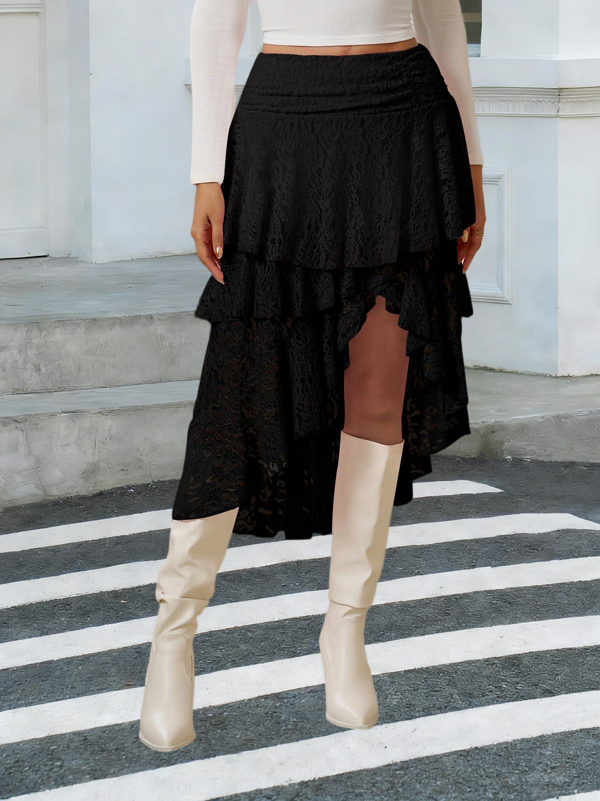 Imily Bela Womens Lace Midi Skirts High Waist Y2K Asymmetrical Layered Flowy Fairy Skirts Floral Beach Long Skirt