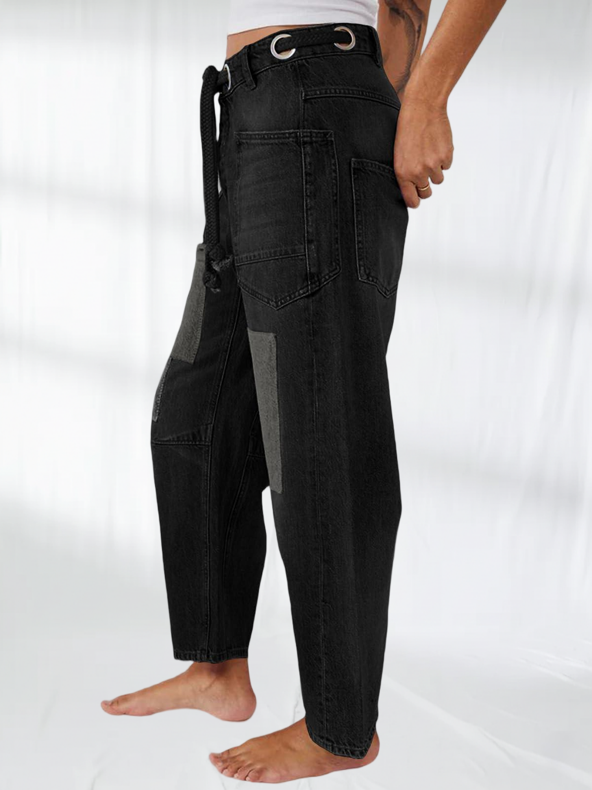 Imily Bela Womens Baggy Barrel Horseshoe Jeans Wide Leg Patchwork Low Rise Denim Pants with Pockets