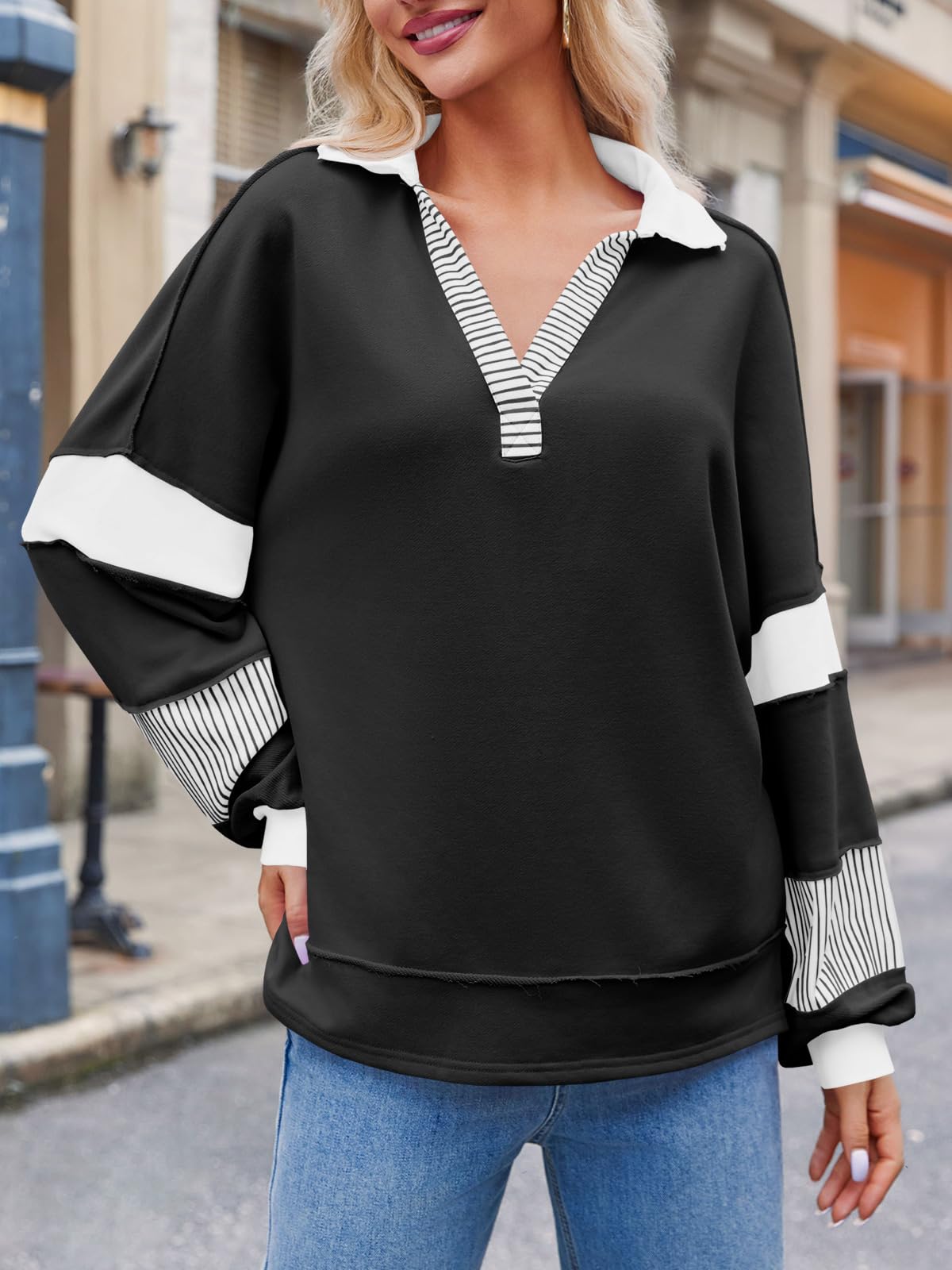 Imily Bela Womens Color Block Oversized Sweatshirt Polo V Neck Long Sleeve Shirts Casual Loose Pullover Tops