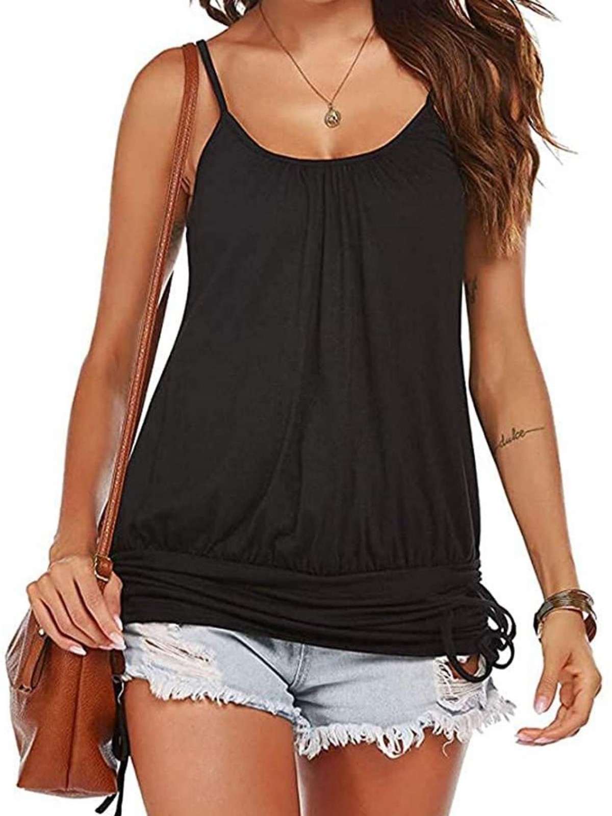 Imily Bela Women Summer Tank Tops Casual Spaghetti Strap Banded Bottom Loose Camisole Side Shirring Lace Up Shirts