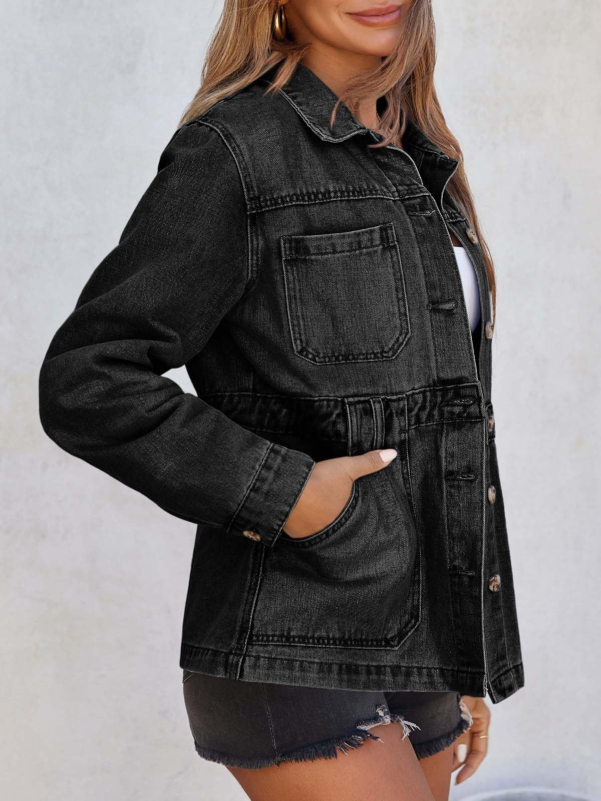 Imily Bela Denim Jacket for Women Distressed Jean Jacket Button Down Oversized Shacket with Pockets