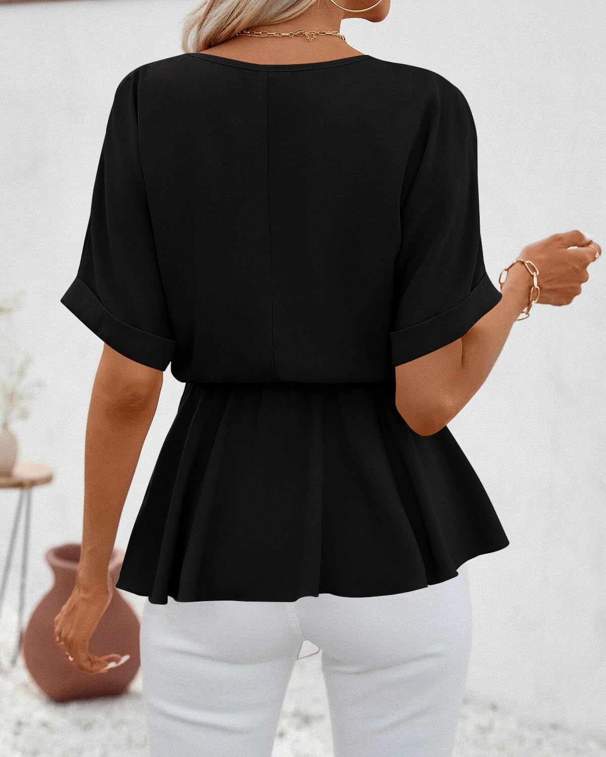 Imily Bela Womens V Neck Blouse Short Sleeve Belted Casual T-Shirts Basic Tee Tops