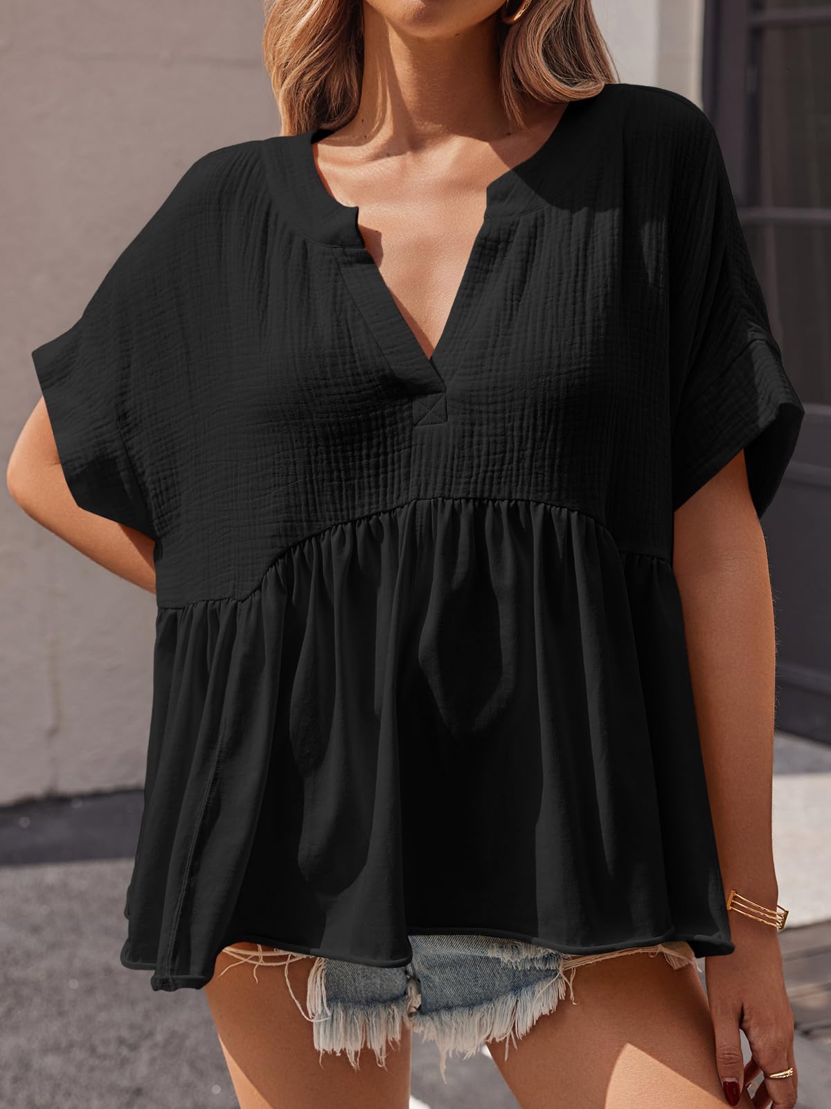 Imily Bela Womens Summer Babydoll Tops V Neck Short Sleeve Pleated Flowy Shirts Casual Loose Fit Peplum Blouse