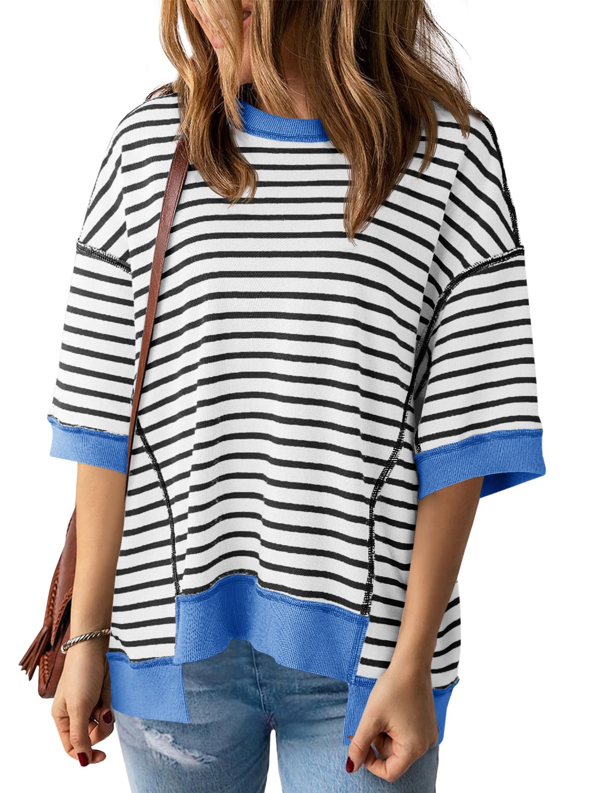 Imily Bela Womens Oversized T Shirts Striped Color Block Cotton Tops Summer Casual Half Sleeve Loose Fit Crewneck Sweatshirts