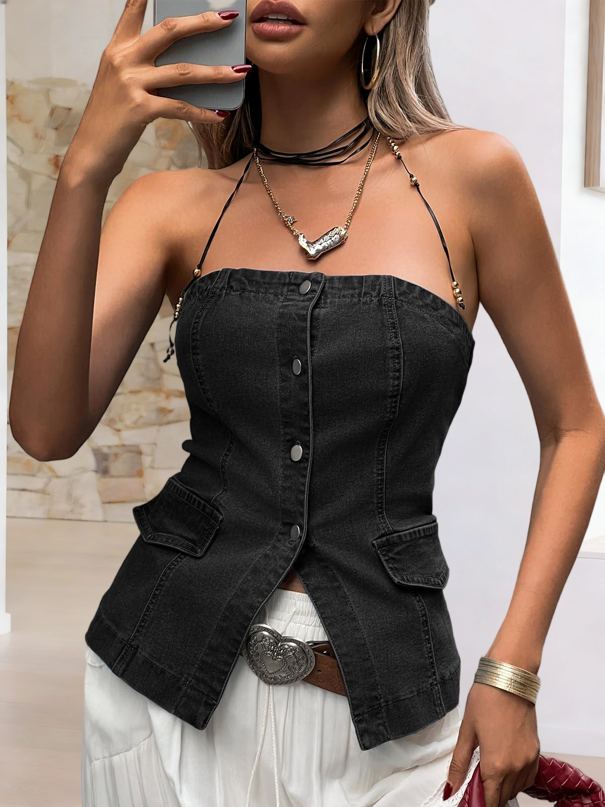 Imily Bela Womens Strapless Denim Vest Summer Button Down Jean Tube Tops Y2k Going Out Fitted Bandeau Shirts Waistcoat