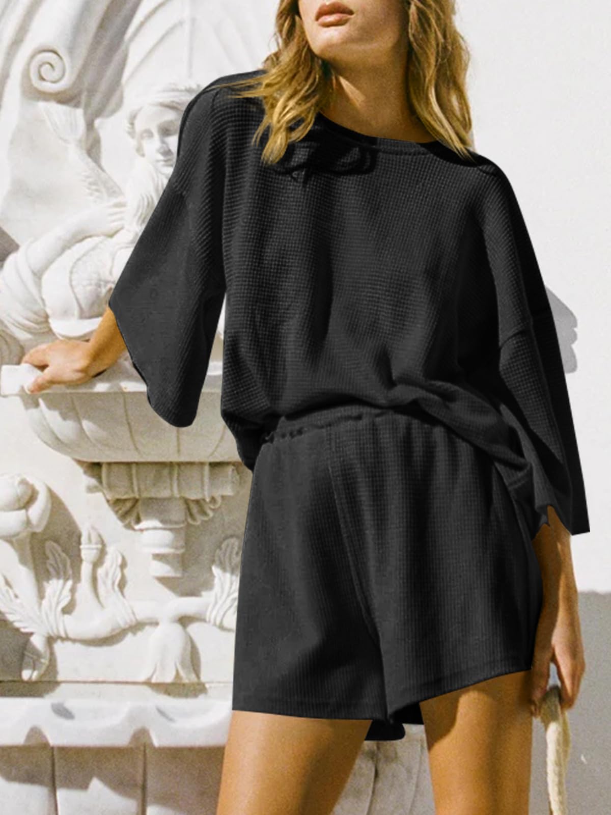 Imily Bela Womens Short Sets 2 Piece Outfits 3/4 Sleeve Tops and Elastic Waist Shorts Lounge Set Casual Loungewear