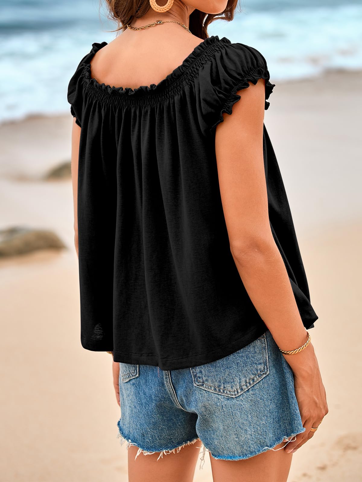 Imily Bela Women Summer Tie Front Tank Tops Cap Sleeve Pleated Babydoll Tops Casual Loose Fit Going Out Flowy Shirt