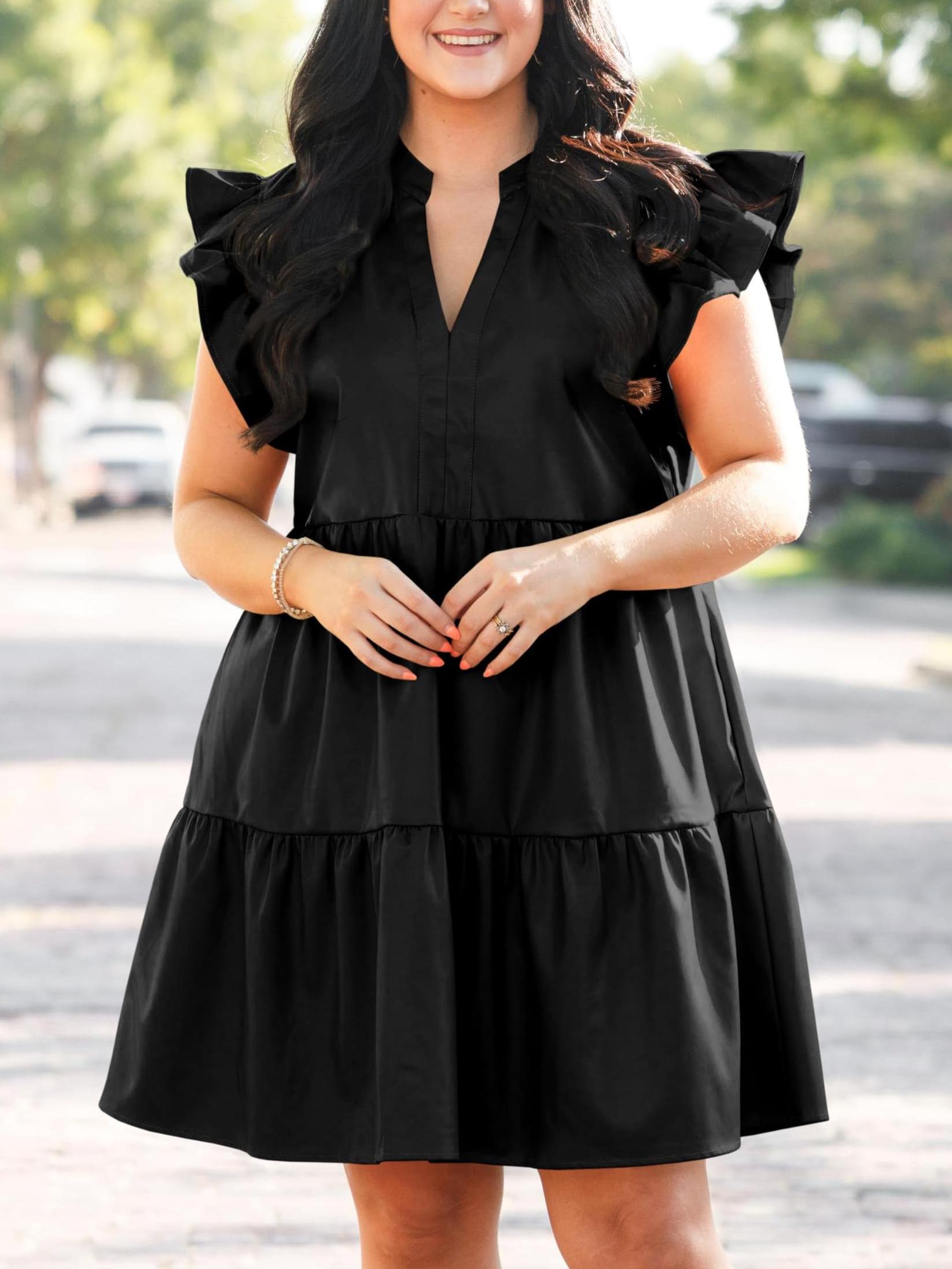 【Plus Size】 Imily Bela Dresses for Women Summer Ruffle Short Sleeve V Neck Dress Tiered Swing A Line Babydoll Mini Dress