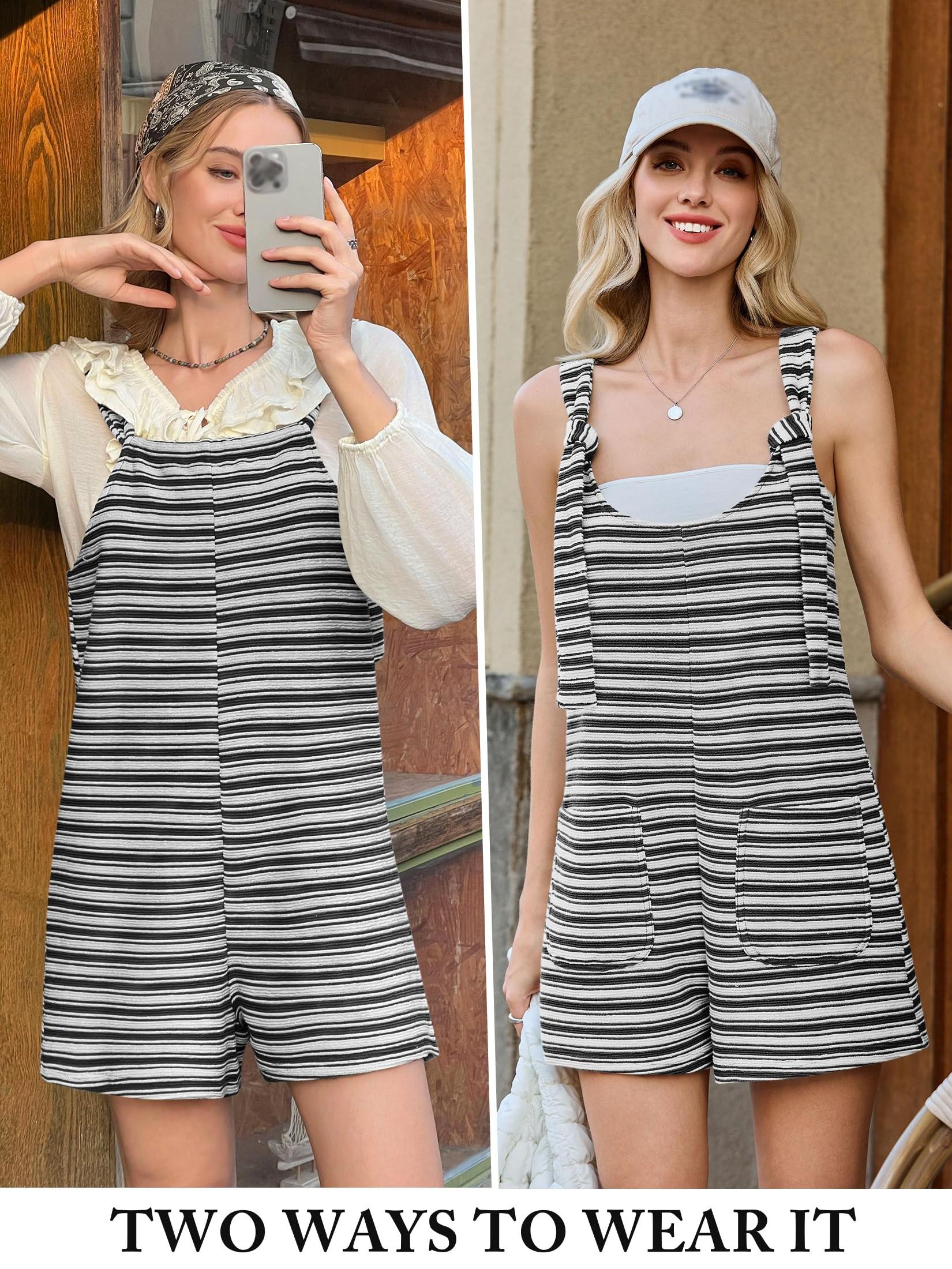 Imily Bela Womens Summer Casual Sleeveless Romper Loose Striped Tied Shorts Overalls Jumpsuit with Pockets