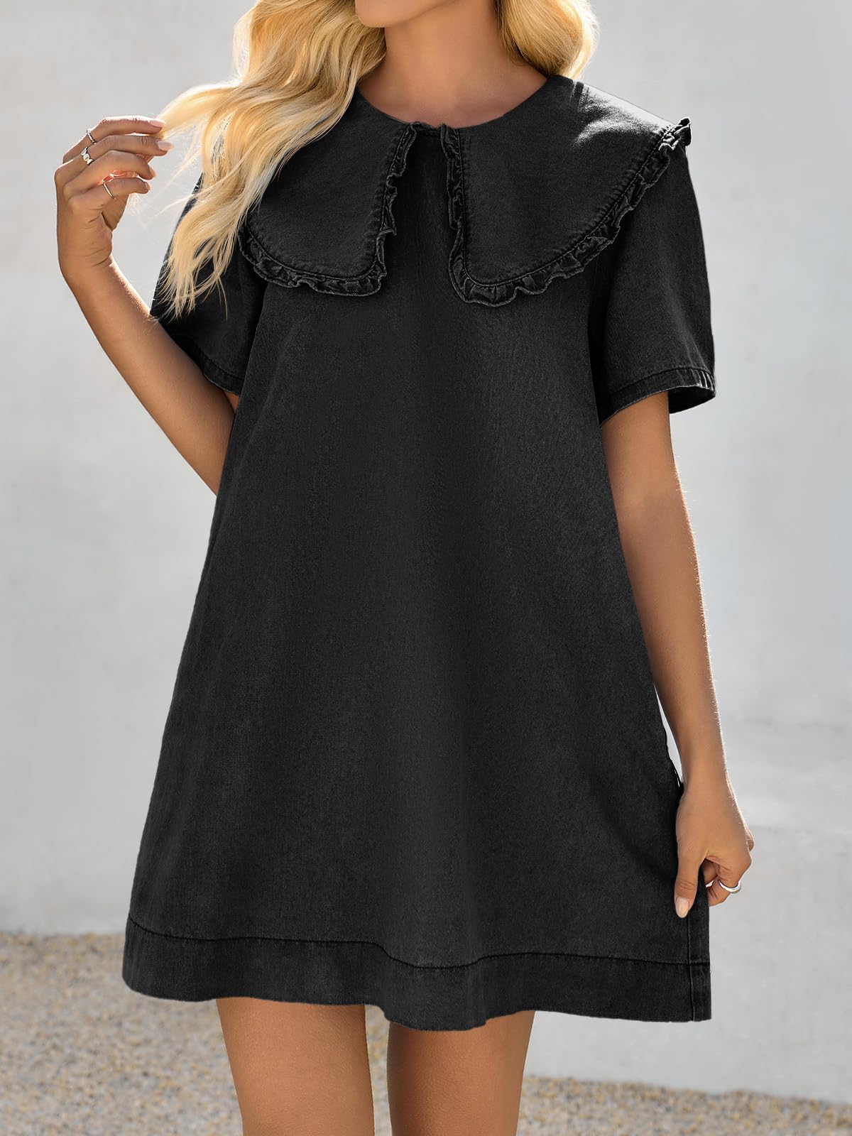 Imily Bela Womens Summer Denim Mini Dress Oversized Peter Pan Collar Short Sleeve Casual Flowy Babydoll Jean Dresses