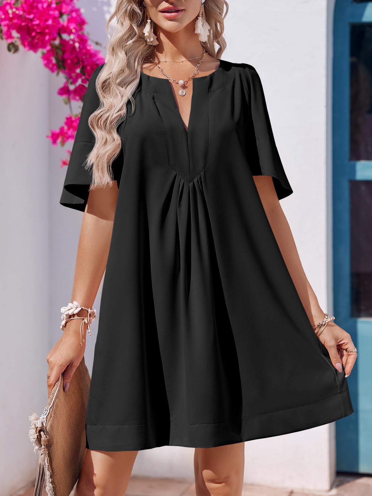 Imily Bela Womens Flutter Short Sleeve Mini Dress Casual V Neck Loose Flowy Summer Dresses