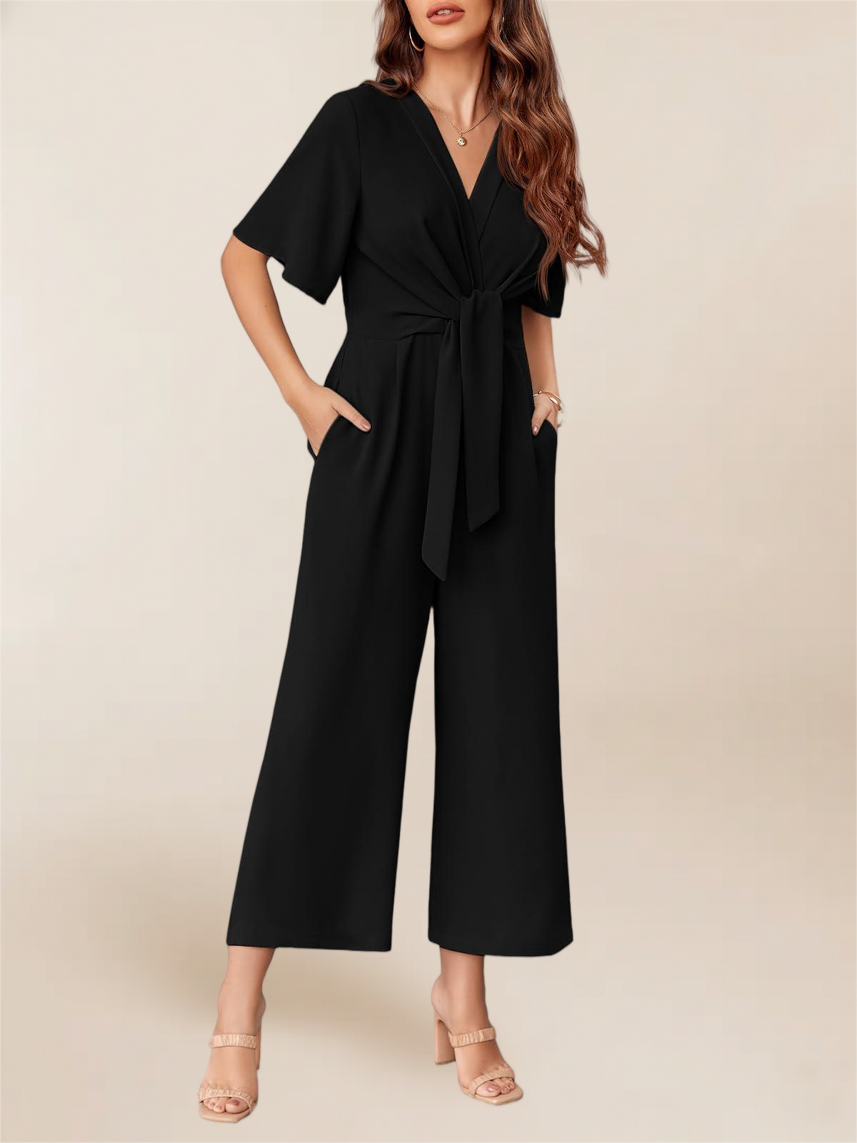 Imily Bela Women's Elegant V Neck Jumpsuits Dressy Casual Short Sleeve Wide Leg Long Pants Rompers