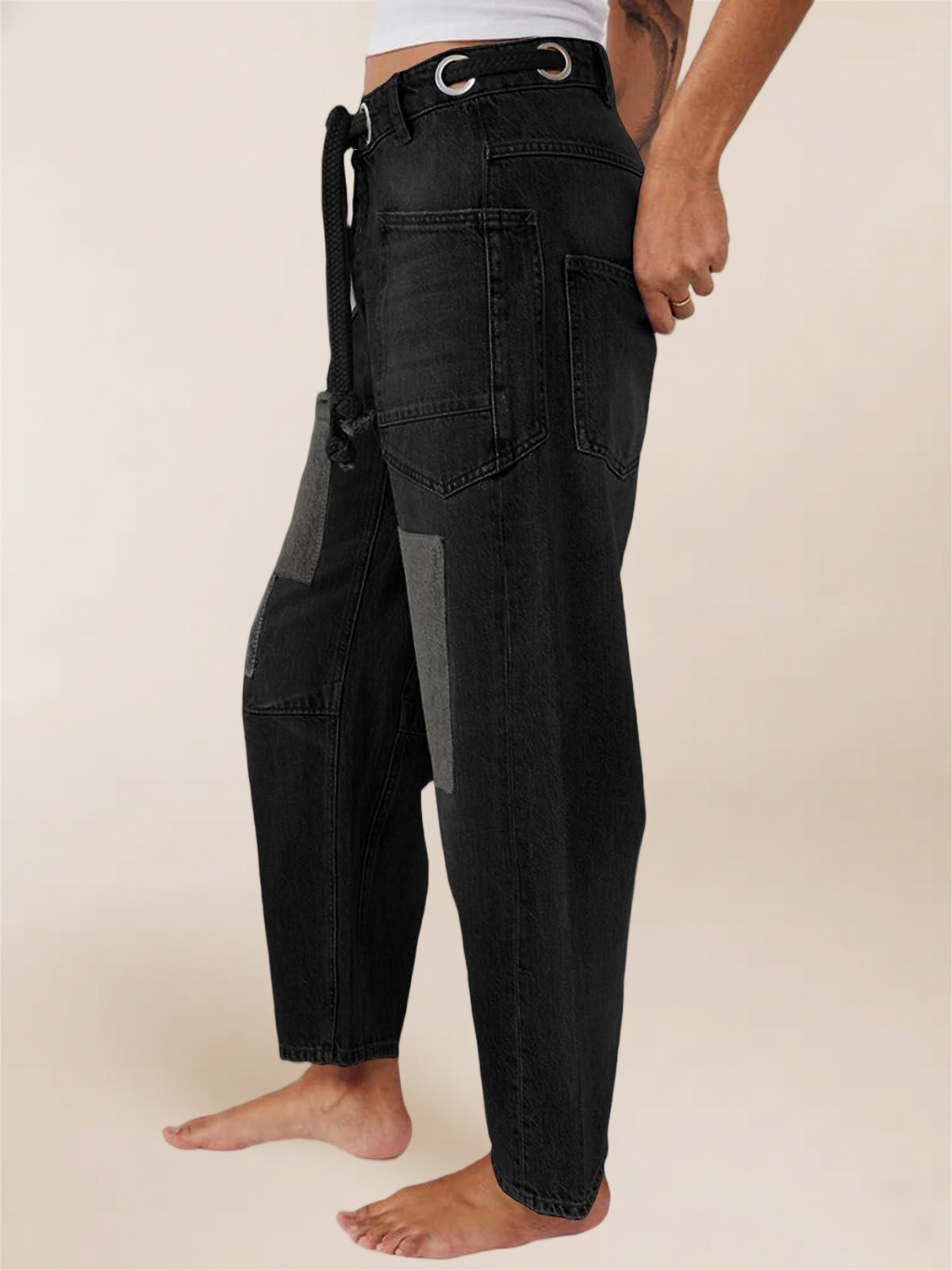 Imily Bela Womens Baggy Barrel Horseshoe Jeans Wide Leg Patchwork Low Rise Denim Pants with Pockets