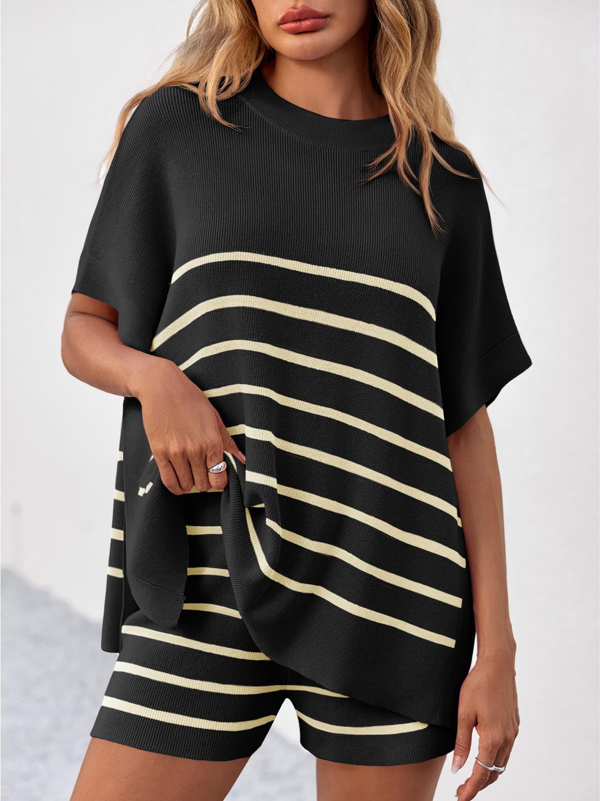 Imily Bela Women's Striped 2 Piece Outfits Oversized Batwing Short Sleeve Tops High Waisted Shorts Summer Knit Lounge Short Sets