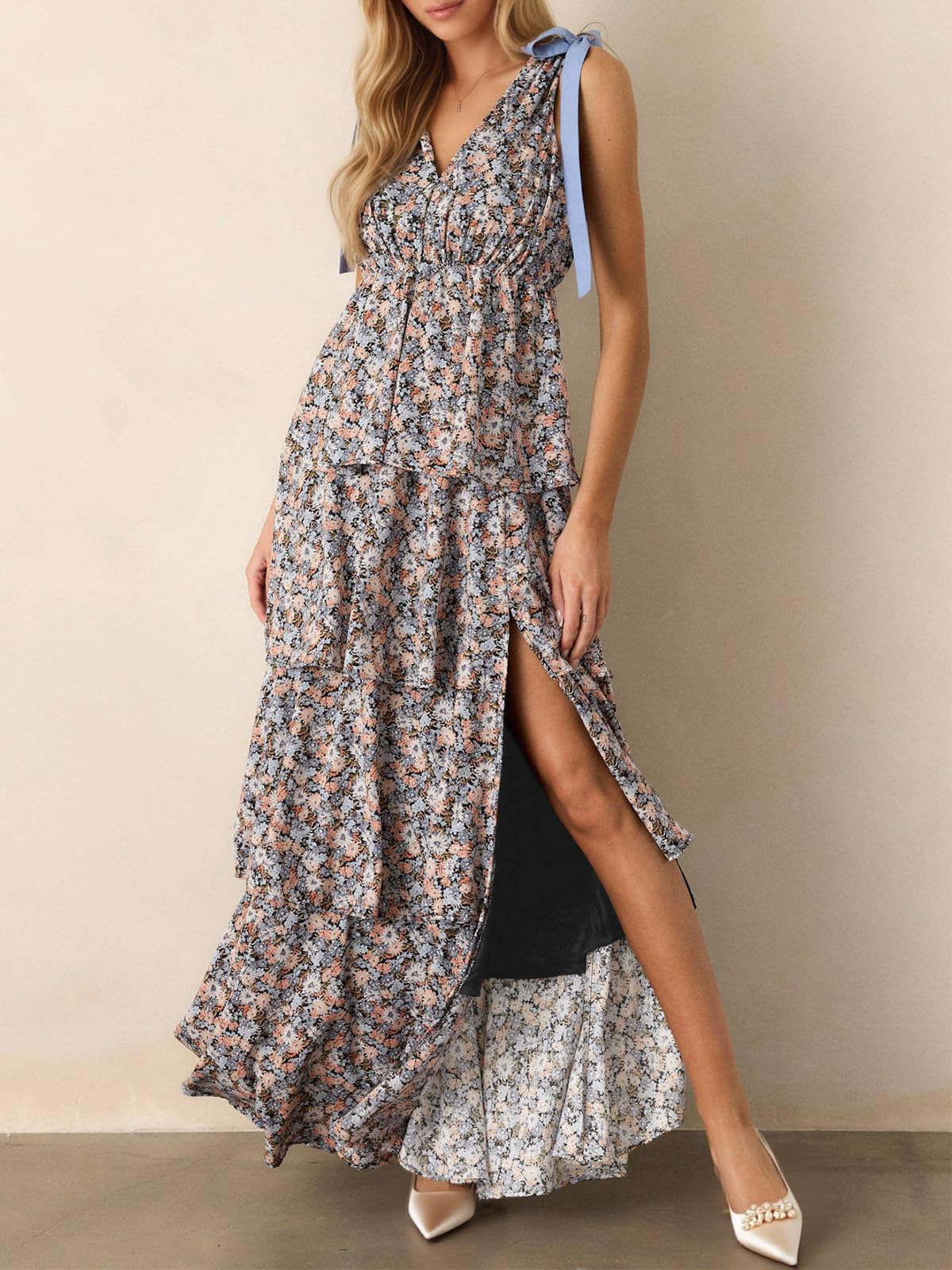 Imily Bela Womens Summer Floral Maxi Dress Tie Strap Sleeveless V Neck High Slit Boho Ruffle Tiered Beach Dresses