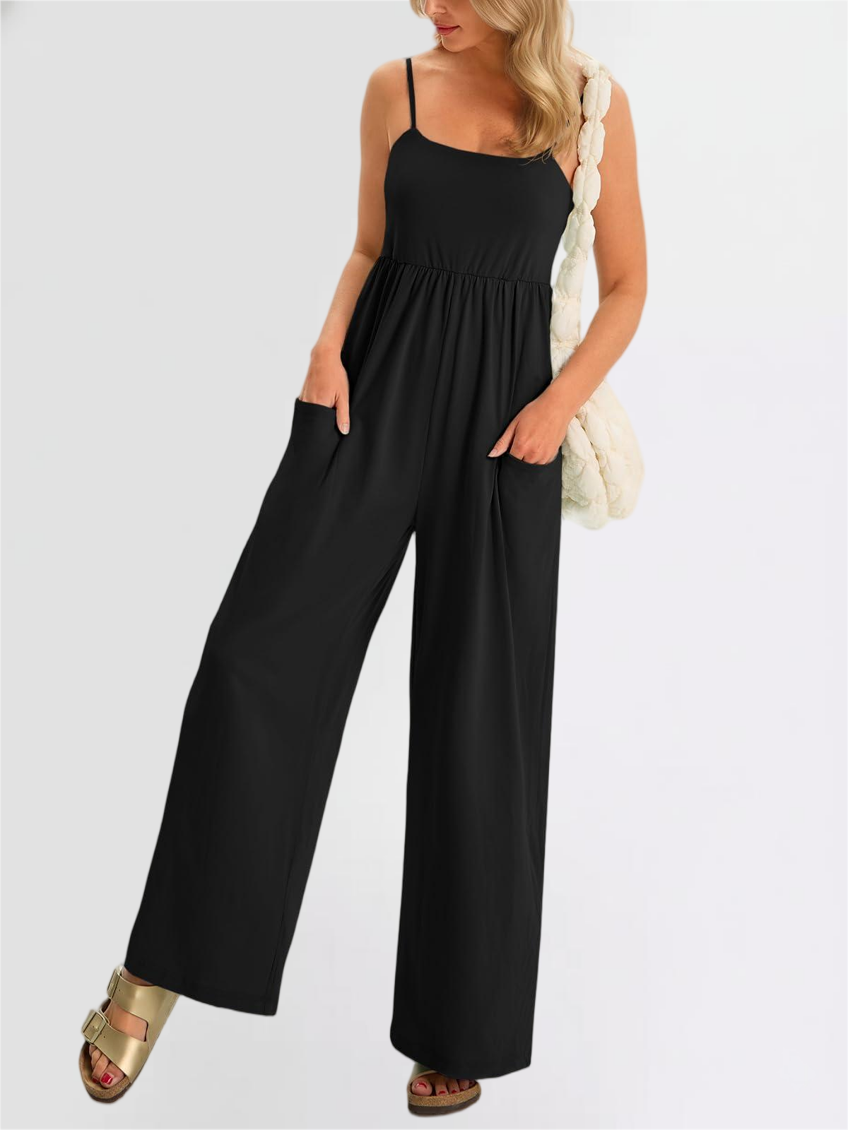 Imily Bela Womens Summer Jumpsuits One Piece Casual Loose Overalls Spaghetti Strap Wide Leg Rompers With Pockets Workout Outfits