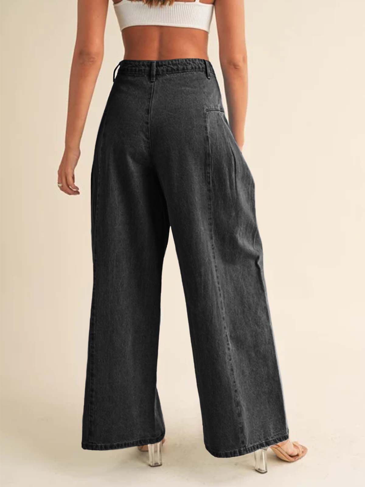 Imily Bela Womens Baggy High Waisted Jeans Loose Boyfriend Wide Leg Side Pleated Denim Pants