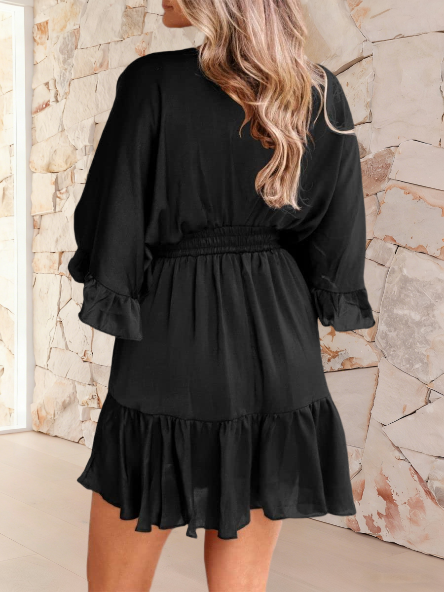 Imily Bela Womens V Neck Casual Dresses Summer Loose High Waist Ruffle Pleated Cute Mini Short Dress