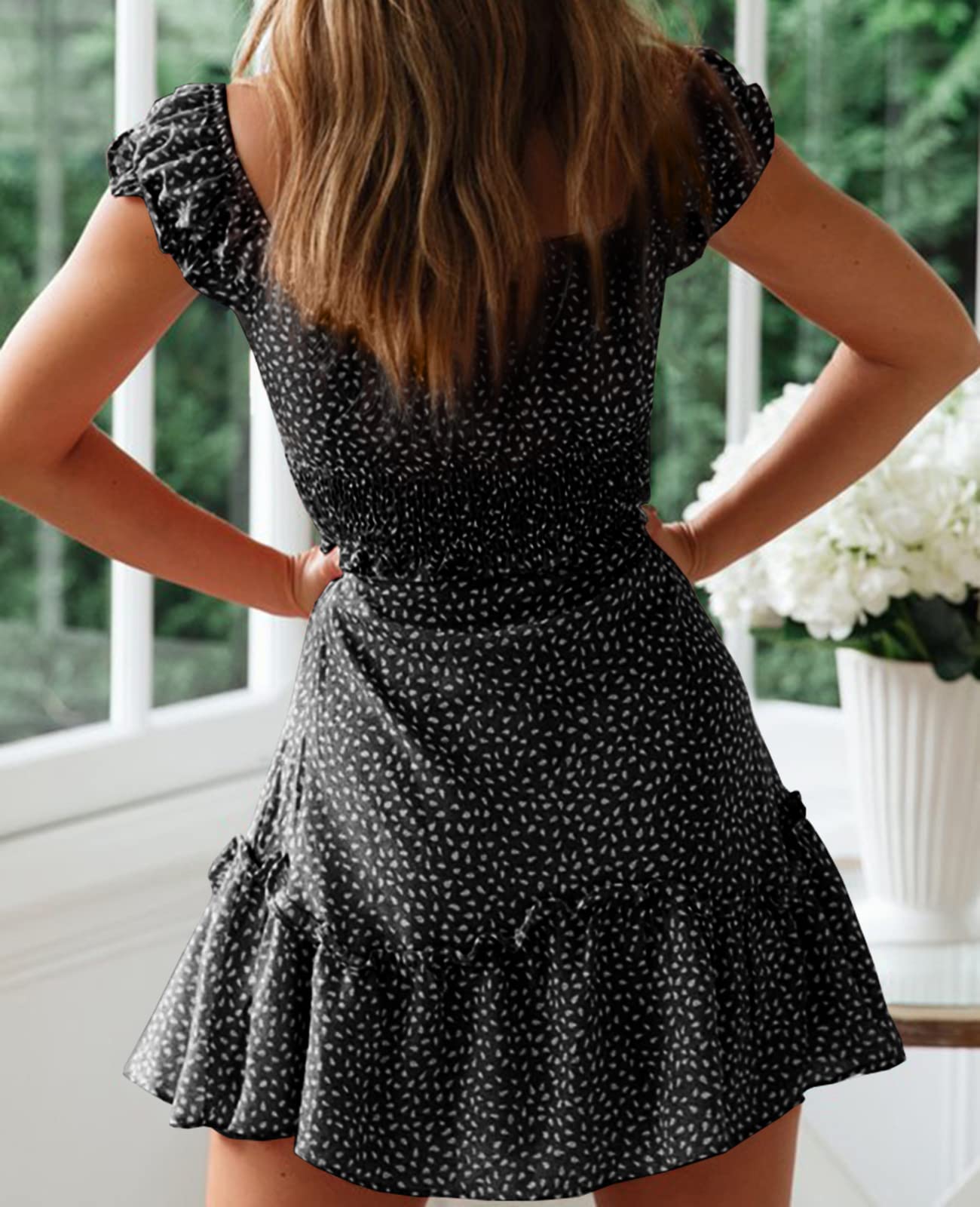 Imily Bela Womens Summer Ruffle Sleeve Sweetheart Neckline Printing Dress Mini Dresses