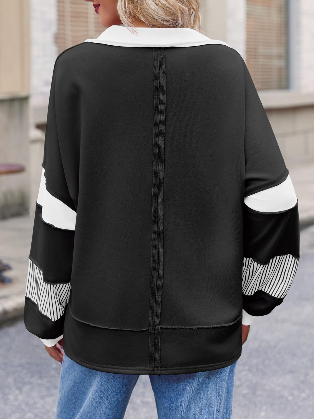 Imily Bela Womens Color Block Oversized Sweatshirt Polo V Neck Long Sleeve Shirts Casual Loose Pullover Tops