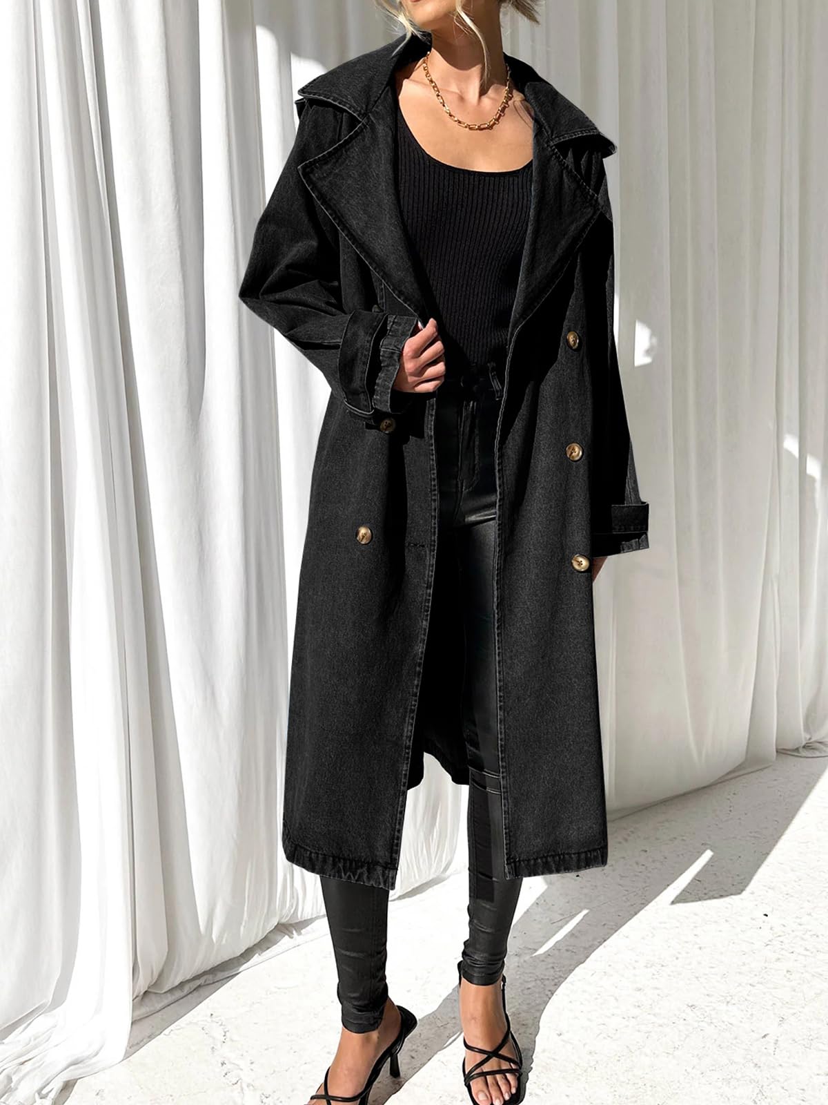 Imily Bela Women's Long Double Breasted Denim Jacket Oversized Button Down Maxi Jean Coat Classic Lapel Outercoat