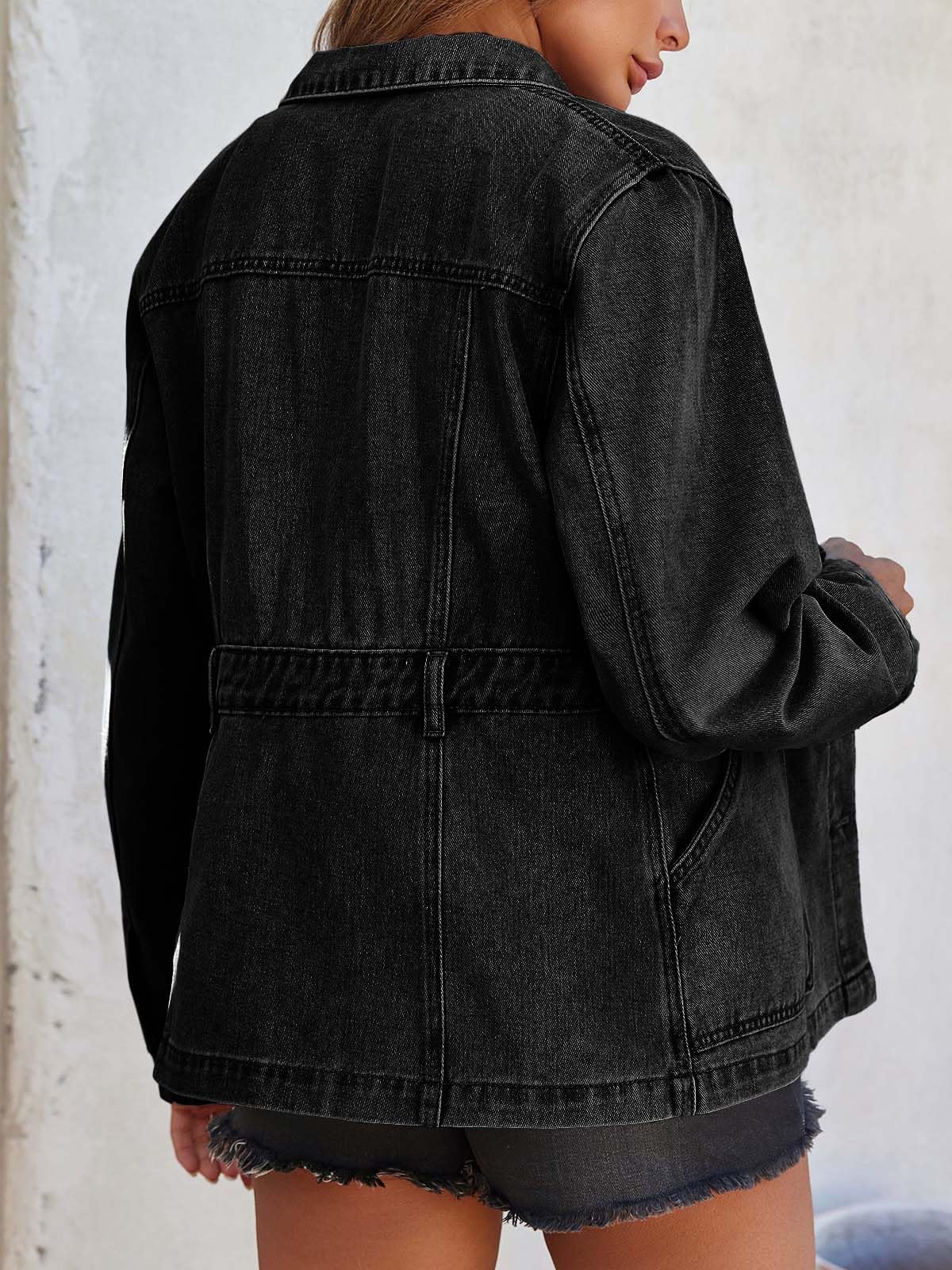 Imily Bela Denim Jacket for Women Distressed Jean Jacket Button Down Oversized Shacket with Pockets