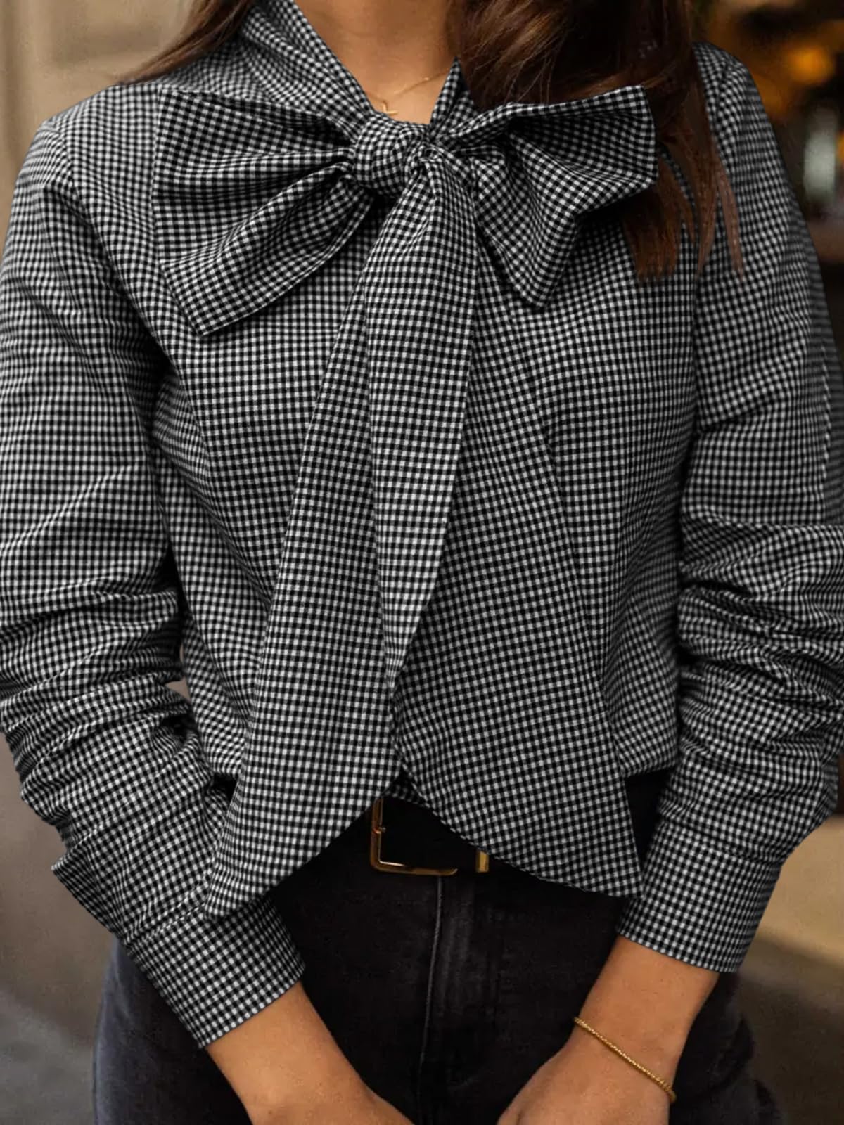 Imily Bela Womens Plaid Shirts Bow Tied Neck Button Down Long Sleeve Casual Dressy Blouse Tops