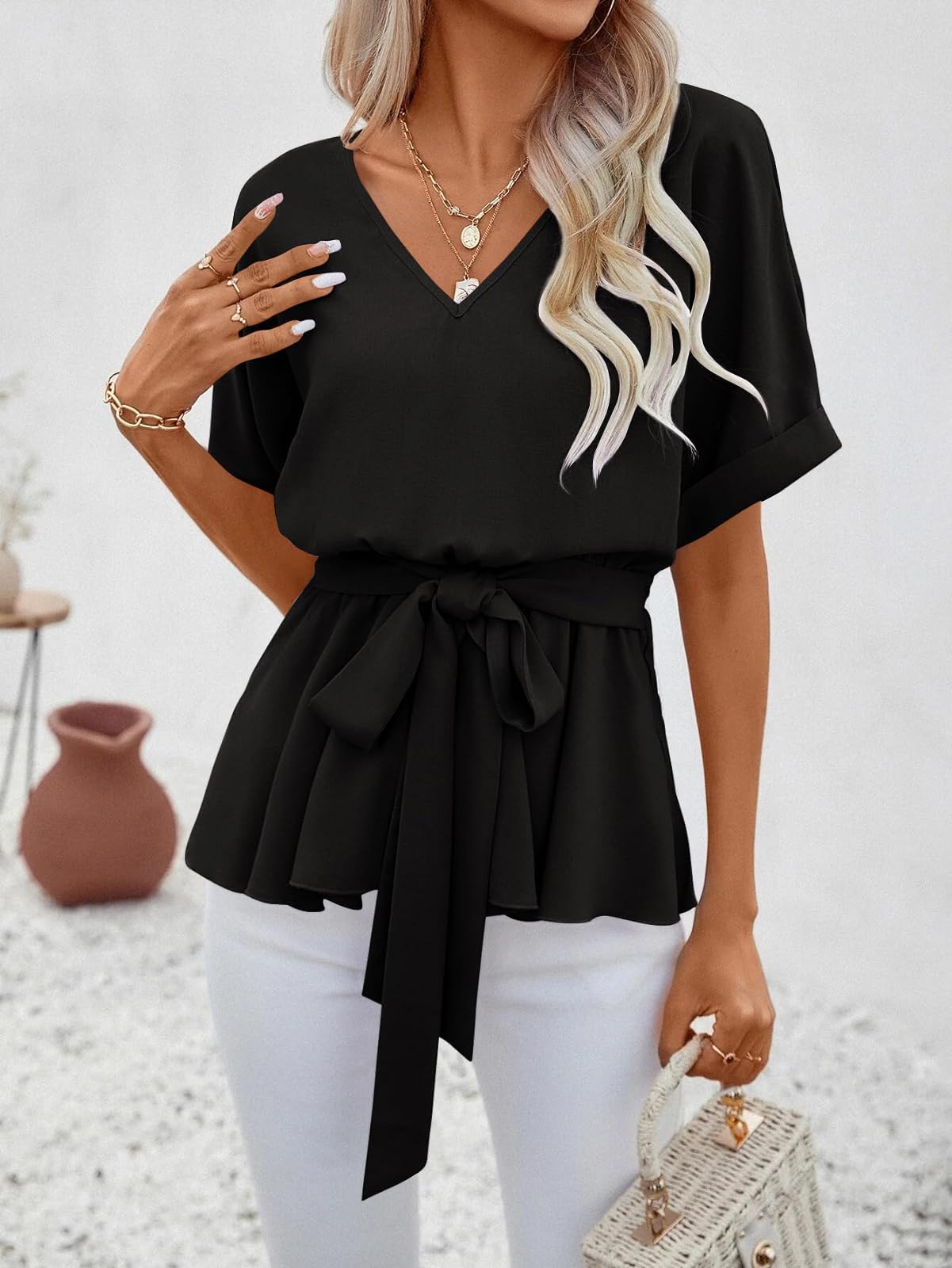 Imily Bela Womens V Neck Blouse Short Sleeve Belted Casual T-Shirts Basic Tee Tops