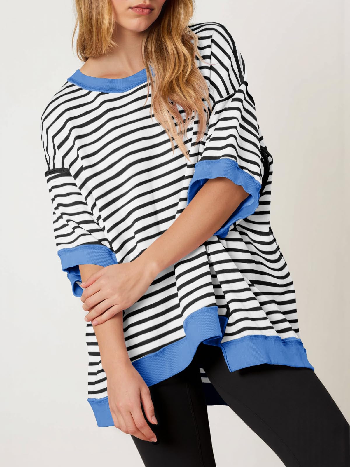 Imily Bela Womens Oversized T Shirts Striped Color Block Cotton Tops Summer Casual Half Sleeve Loose Fit Crewneck Sweatshirts