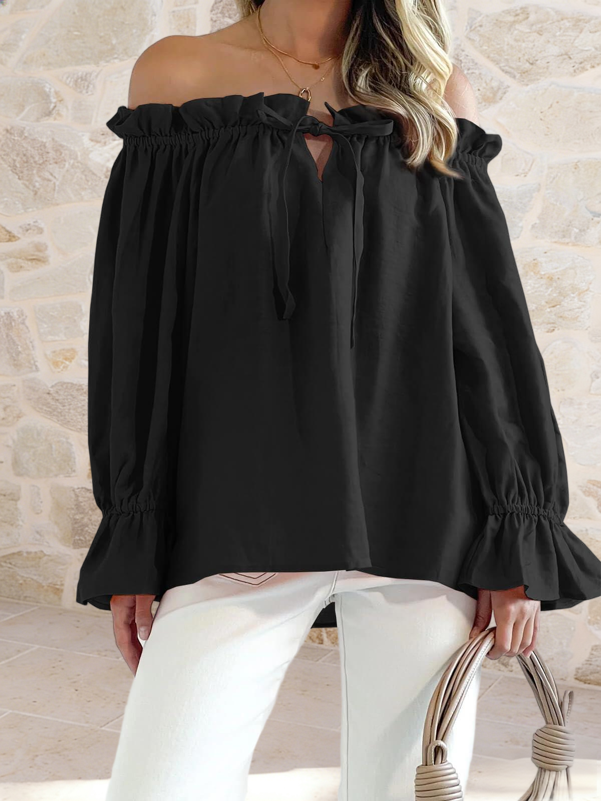 Imily Bela Womens Off The Shoulder Tops Puff Long Sleeve Tie Front Loose Fit Ruffle Shirts Blouses