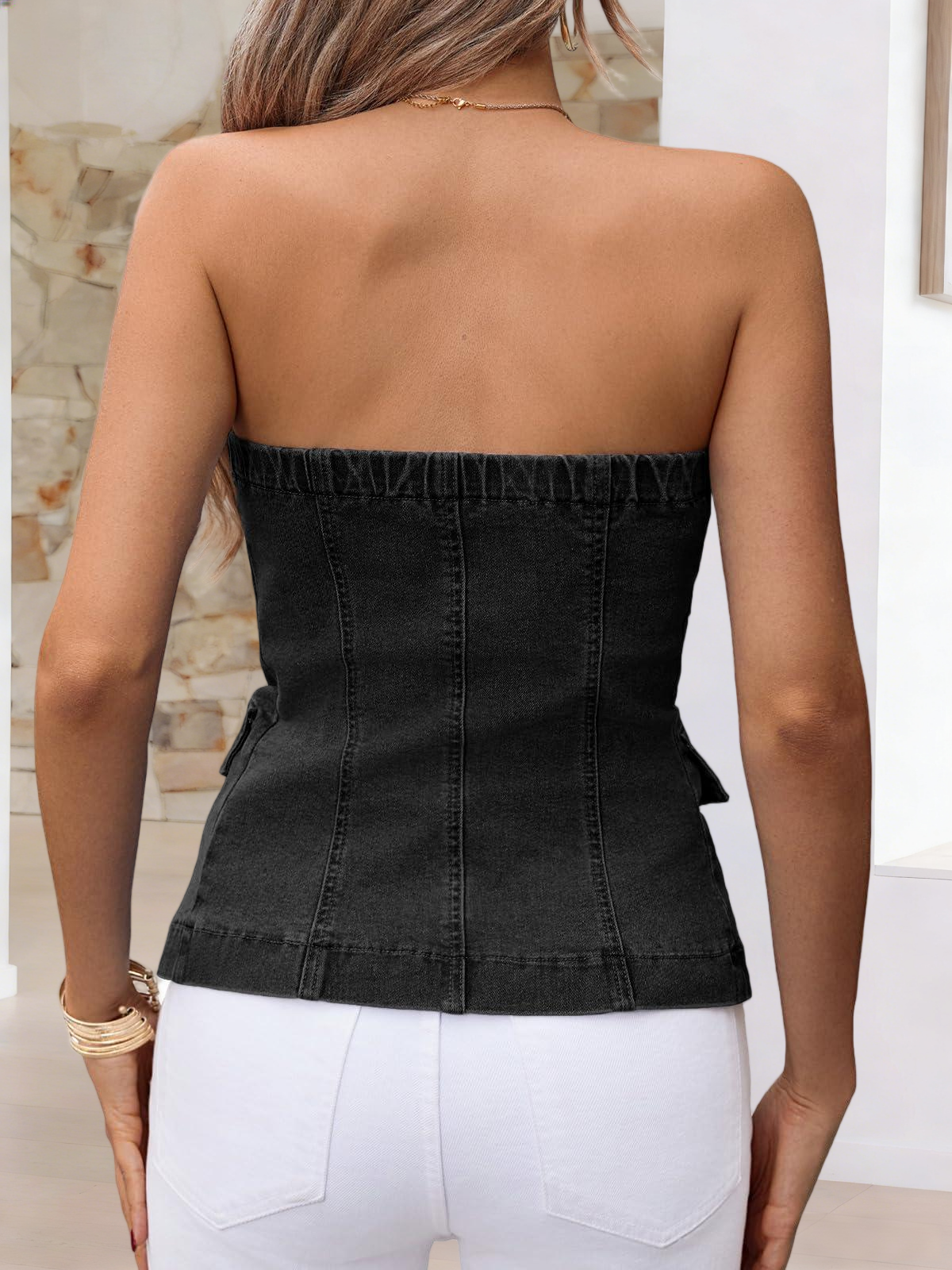 Imily Bela Womens Strapless Denim Vest Summer Button Down Jean Tube Tops Y2k Going Out Fitted Bandeau Shirts Waistcoat