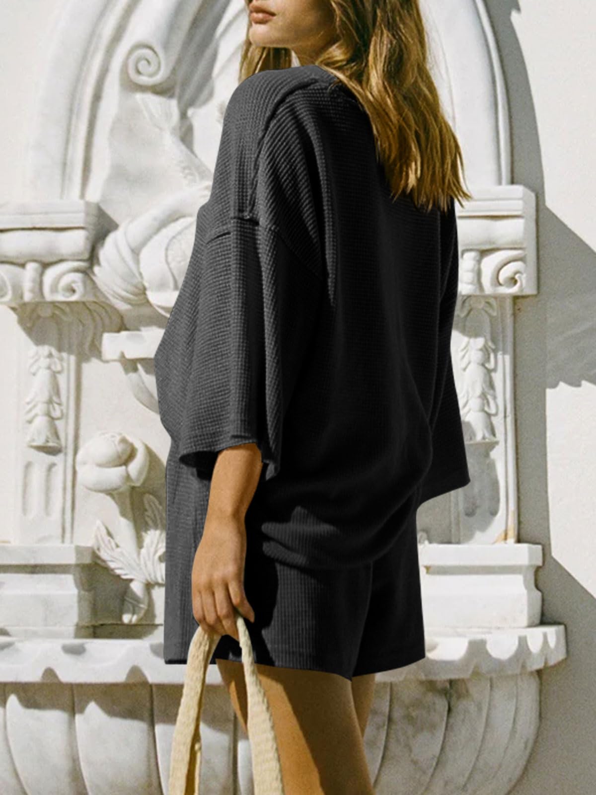 Imily Bela Womens Short Sets 2 Piece Outfits 3/4 Sleeve Tops and Elastic Waist Shorts Lounge Set Casual Loungewear