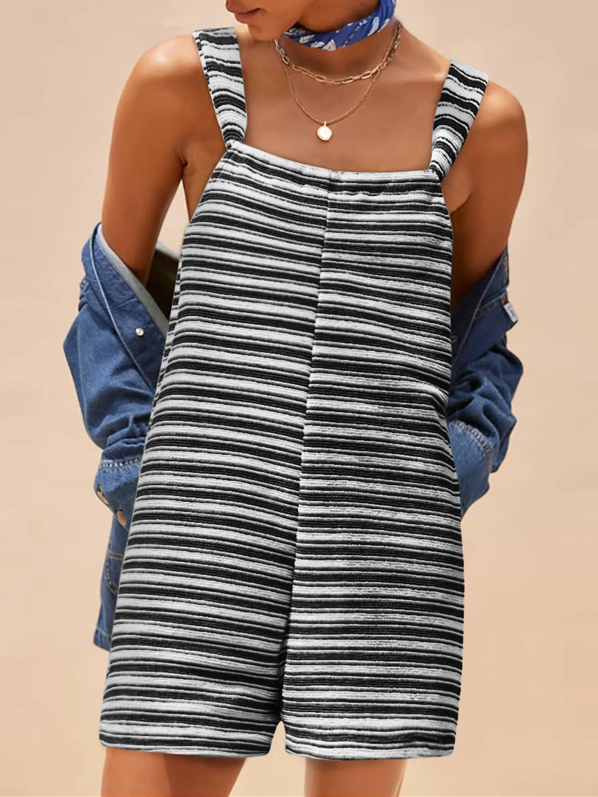 Imily Bela Womens Summer Casual Sleeveless Romper Loose Striped Tied Shorts Overalls Jumpsuit with Pockets