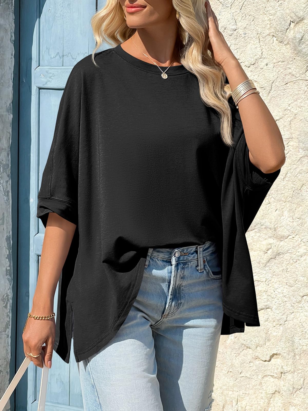 Imily Bela Womens Oversized Tshirts Batwing Short Sleeve Asymmetric Hem Tops Summer Casual Loose Fit Tunic Tee Shirts
