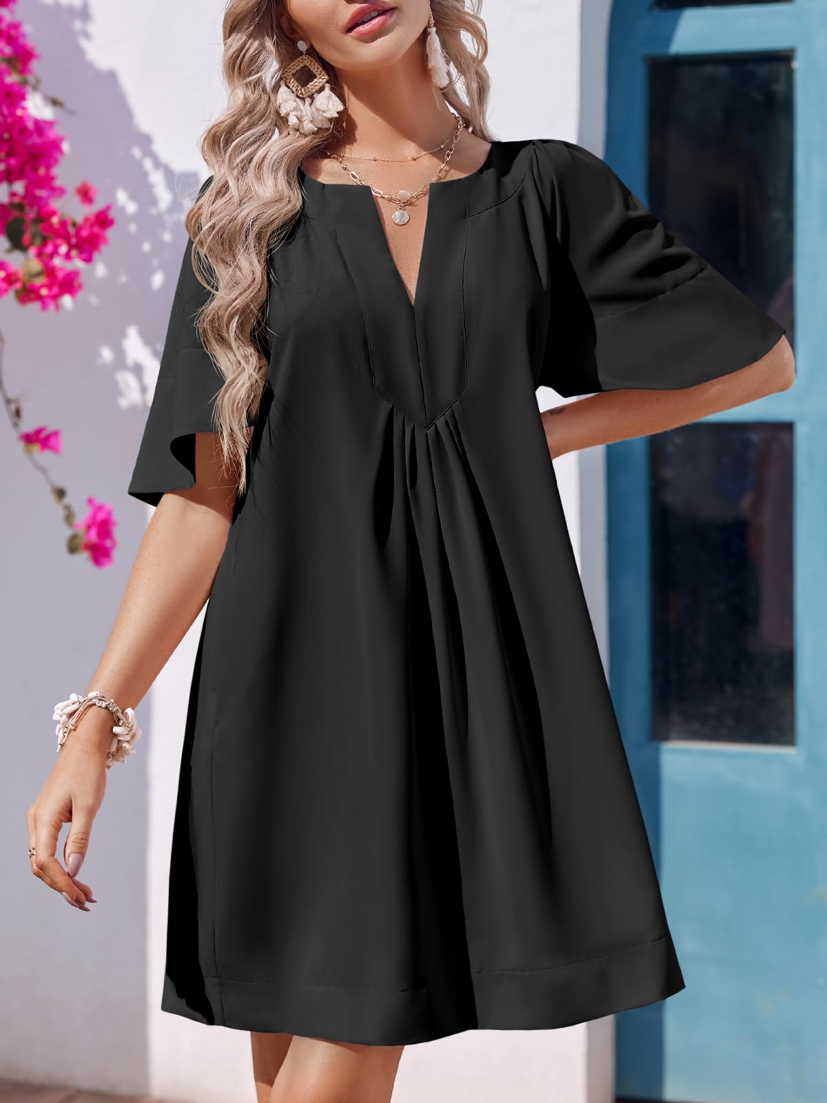 Imily Bela Womens Flutter Short Sleeve Mini Dress Casual V Neck Loose Flowy Summer Dresses