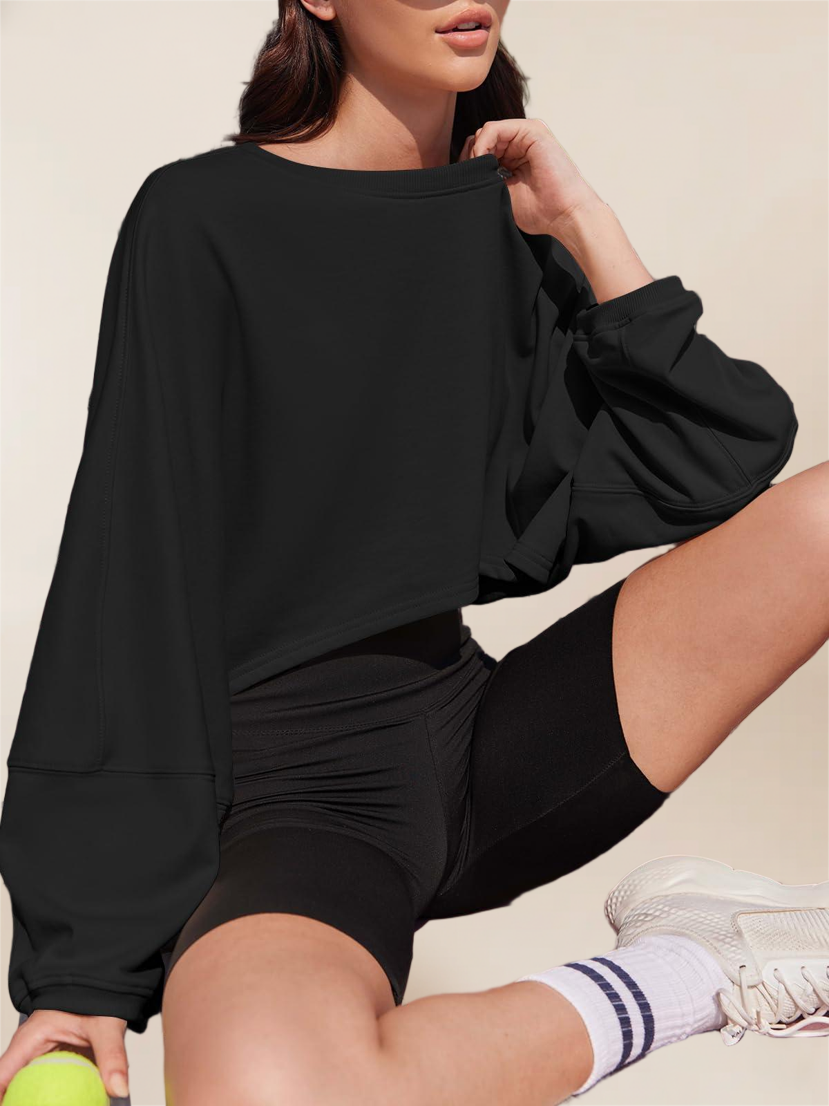 Imily Bela Womens Long Ballon Sleeve Sweatshirts Tops Cropped Crew Neck Loose Fit Casual Workout Shirts