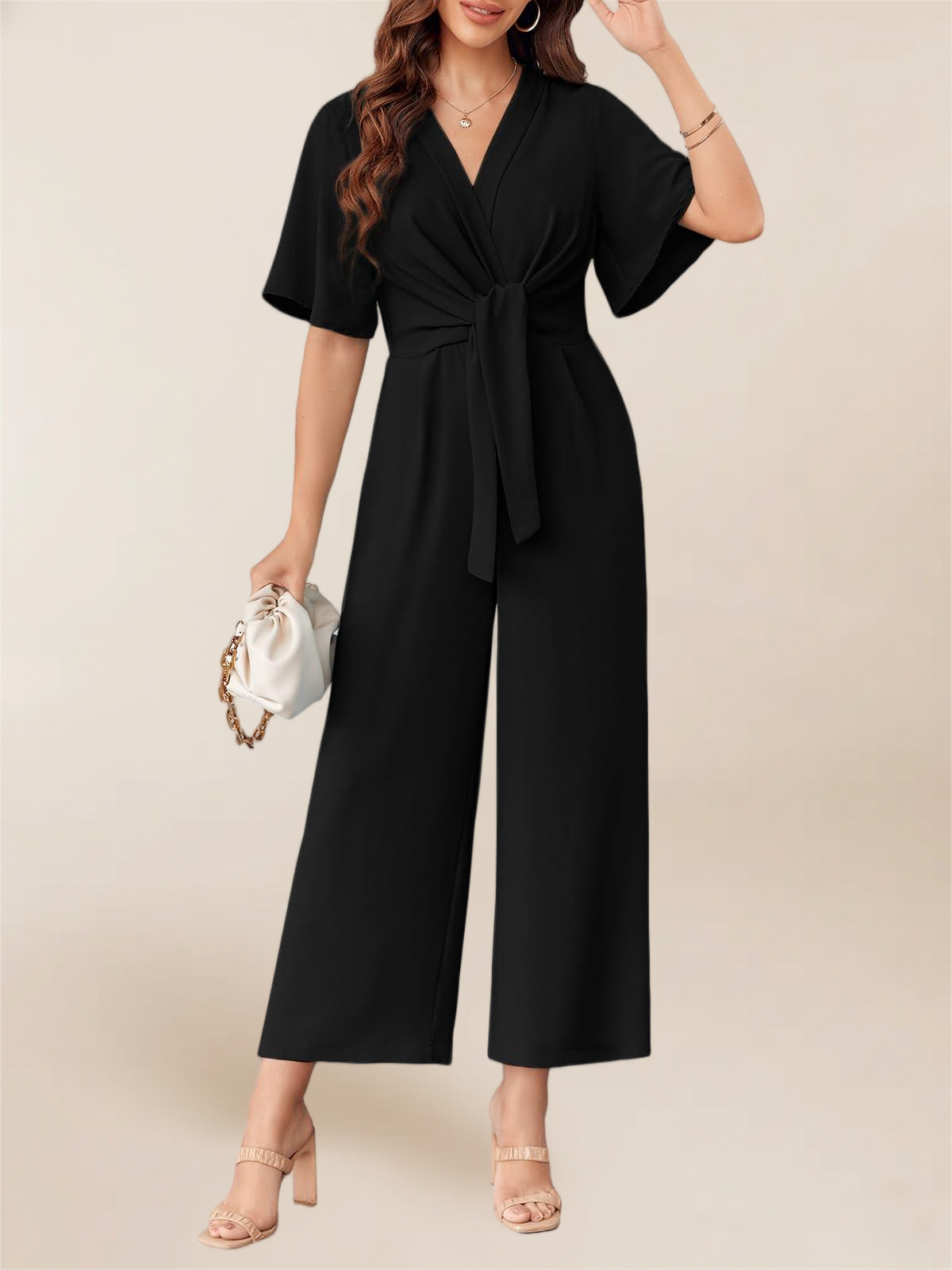 Imily Bela Women's Elegant V Neck Jumpsuits Dressy Casual Short Sleeve Wide Leg Long Pants Rompers