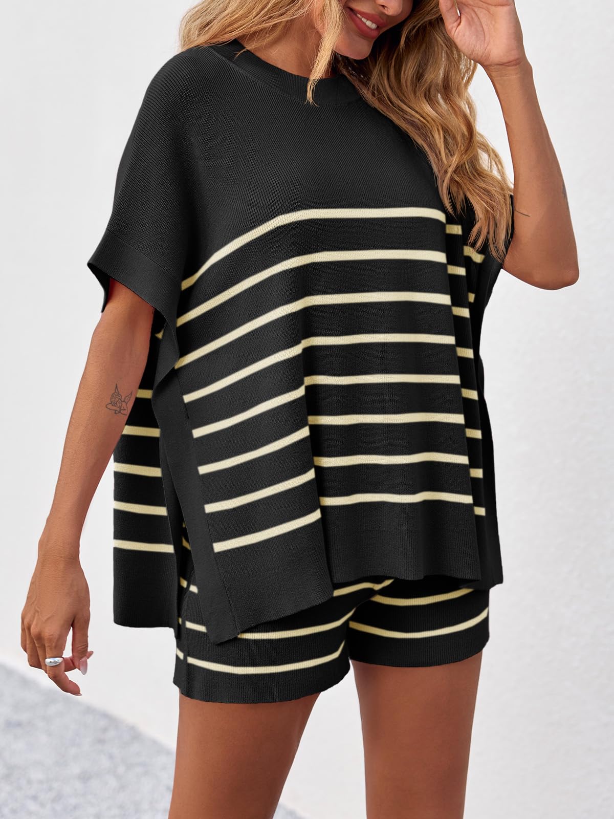 Imily Bela Women's Striped 2 Piece Outfits Oversized Batwing Short Sleeve Tops High Waisted Shorts Summer Knit Lounge Short Sets