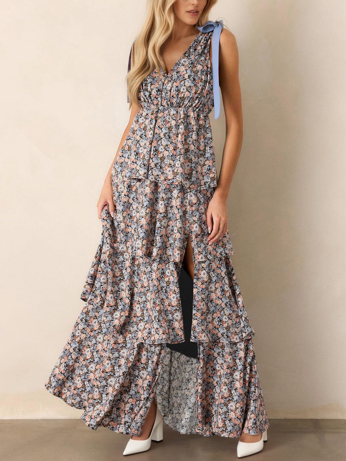 Imily Bela Womens Summer Floral Maxi Dress Tie Strap Sleeveless V Neck High Slit Boho Ruffle Tiered Beach Dresses